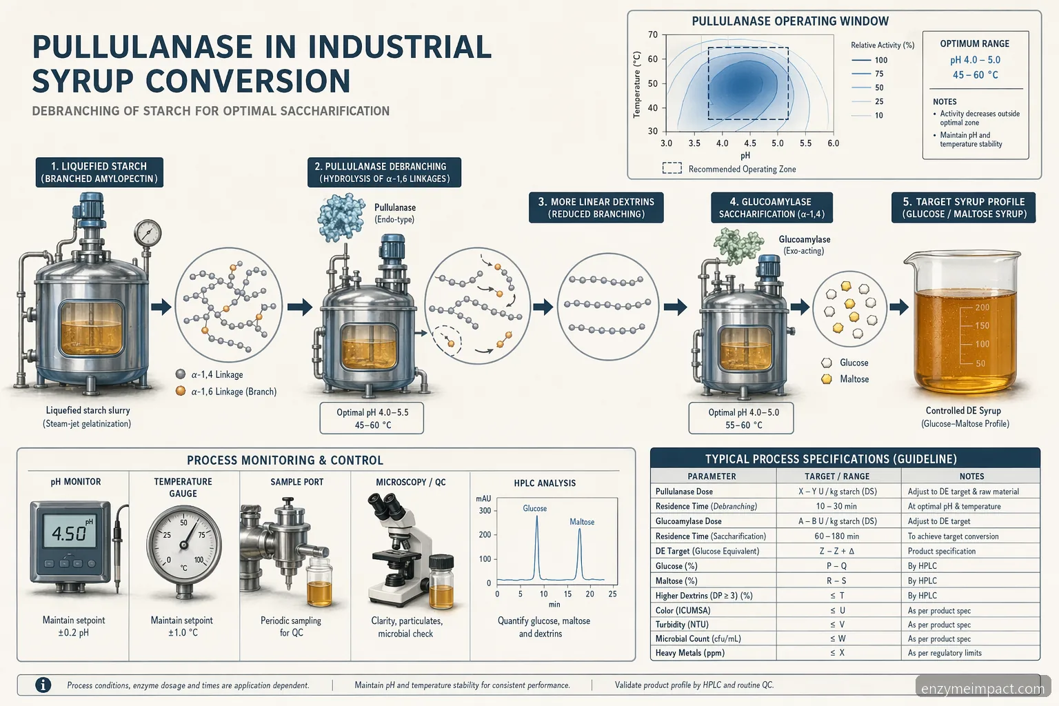 effect of pullulanase of egg productions in syrup production, process diagram shows enzyme debranching and pH-temperature controls