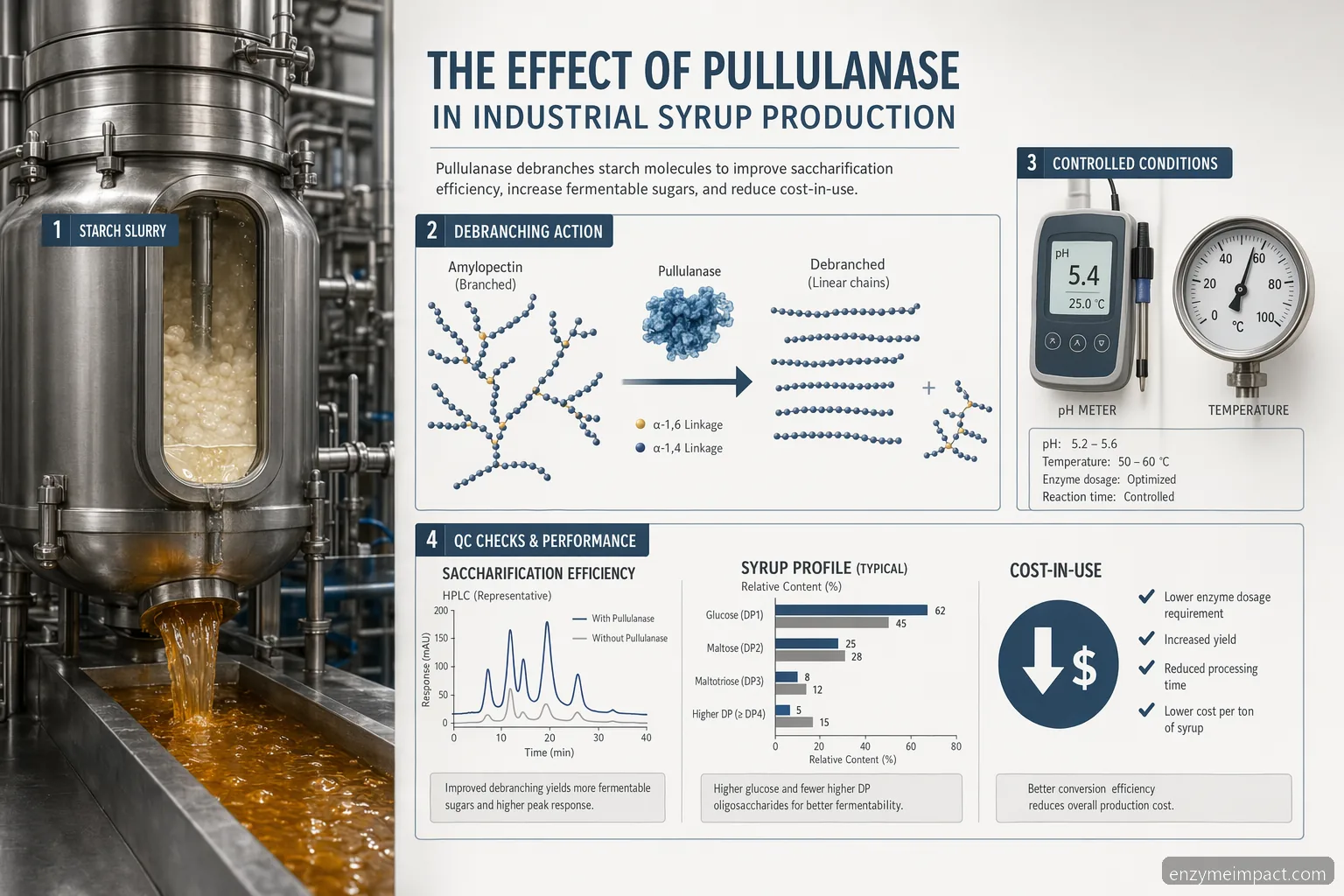 effect of pullulanase of egg productions in syrup production, infographic shows starch debranching, QC, and cost-in-use