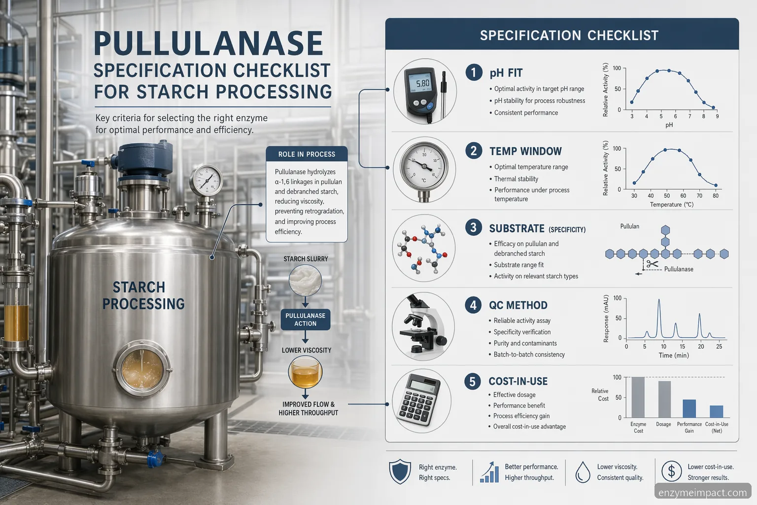pullulanase applications specification checklist with pH, temperature, substrate, QC, and cost factors for starch processing