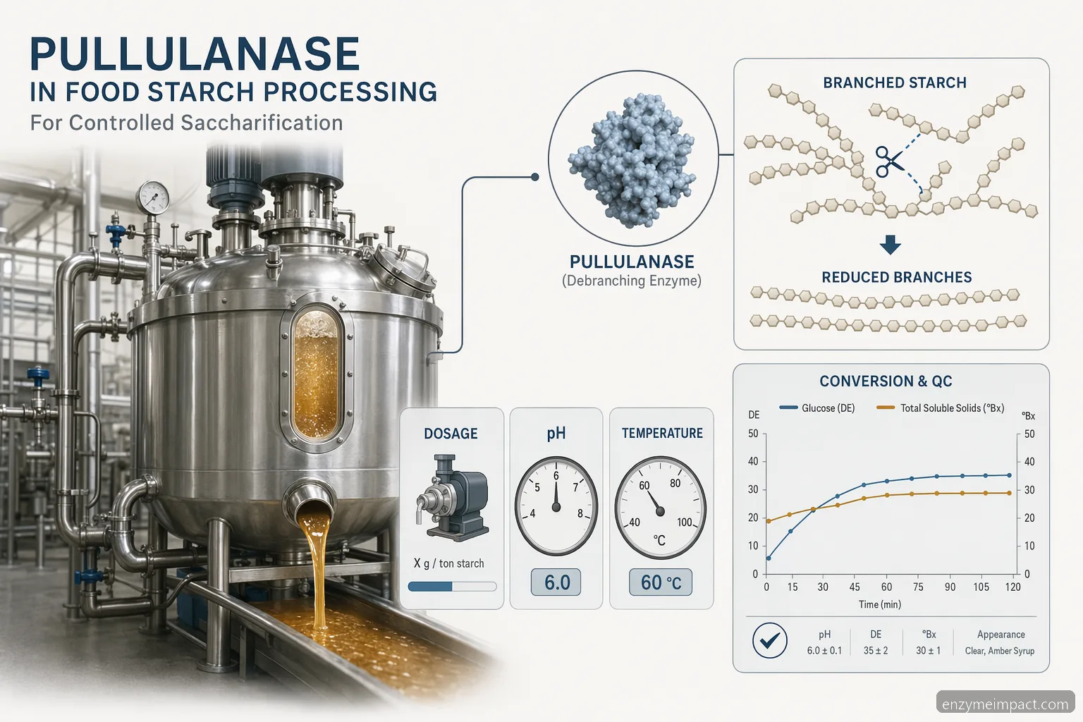 pullulanase food processing starch conditions infographic showing dosage, pH, temperature, and syrup yield controls