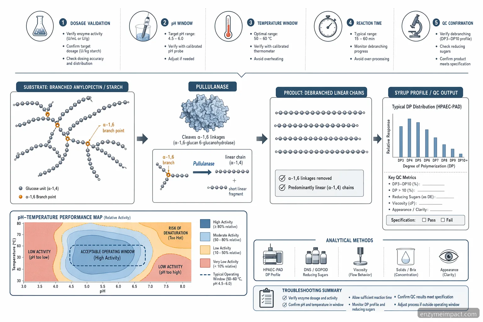 pullulanase for starch processing troubleshooting, diagram maps debranching reaction with pH and temperature windows