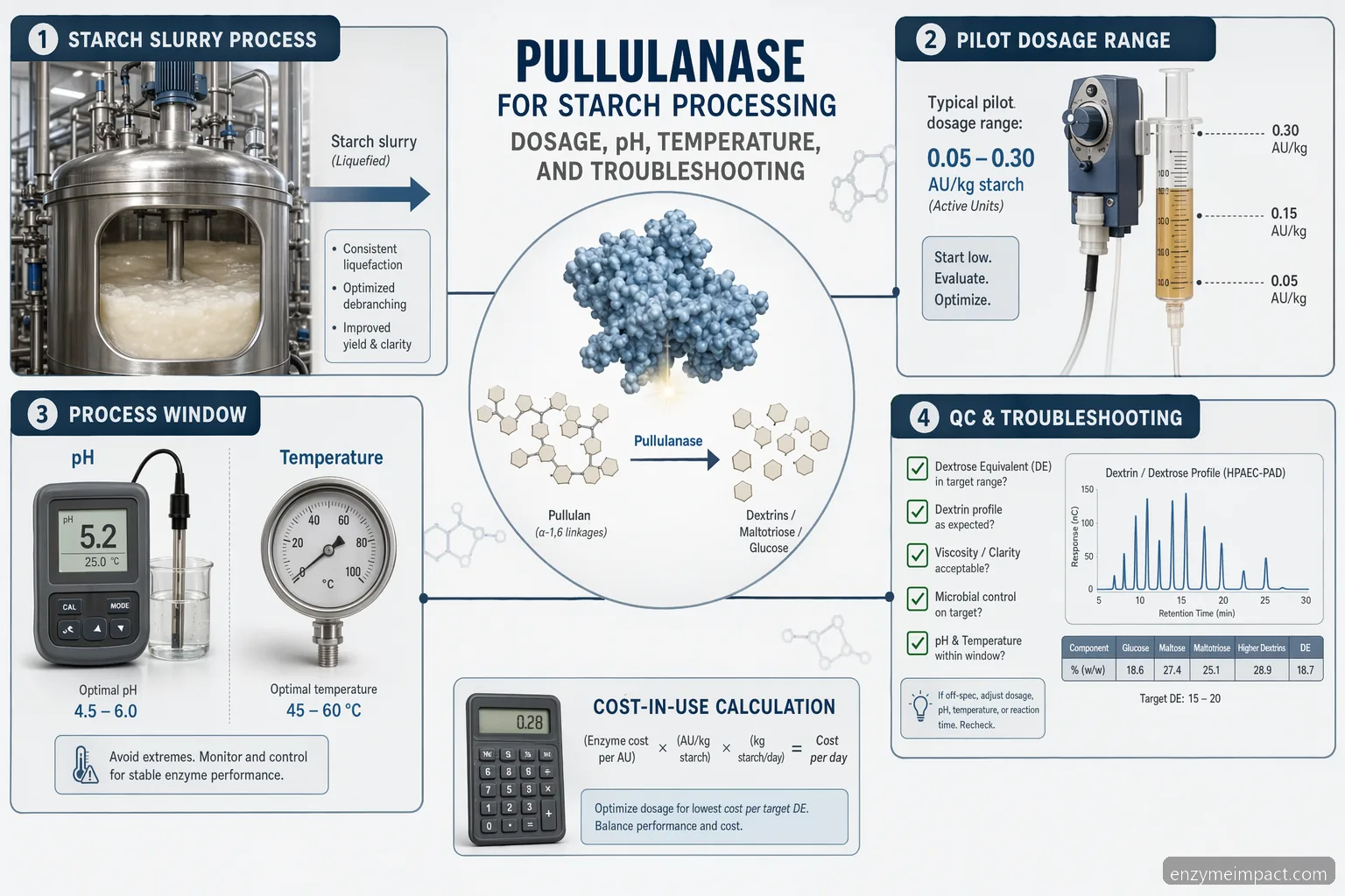 pullulanase for starch processing guide, infographic shows dosage, pH, temperature, QC, and cost controls