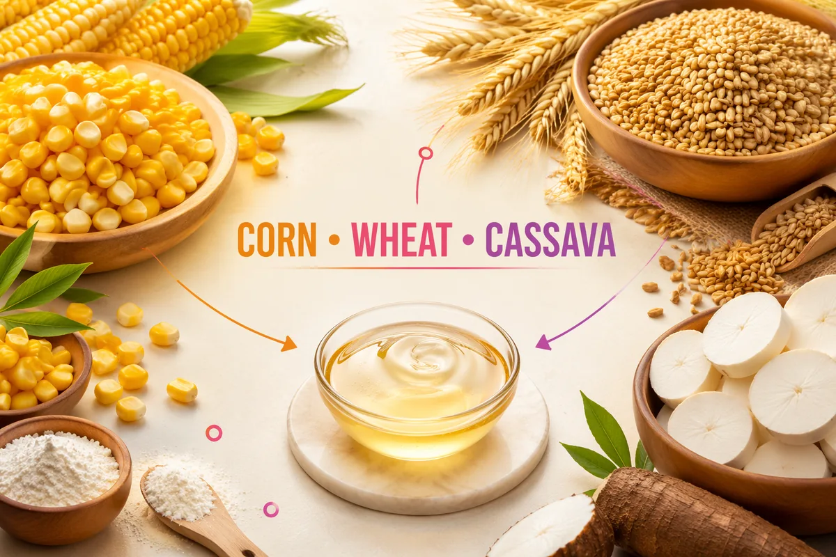 Corn, wheat and cassava, common starch raw materials for syrup lines, around a dish of clear syrup